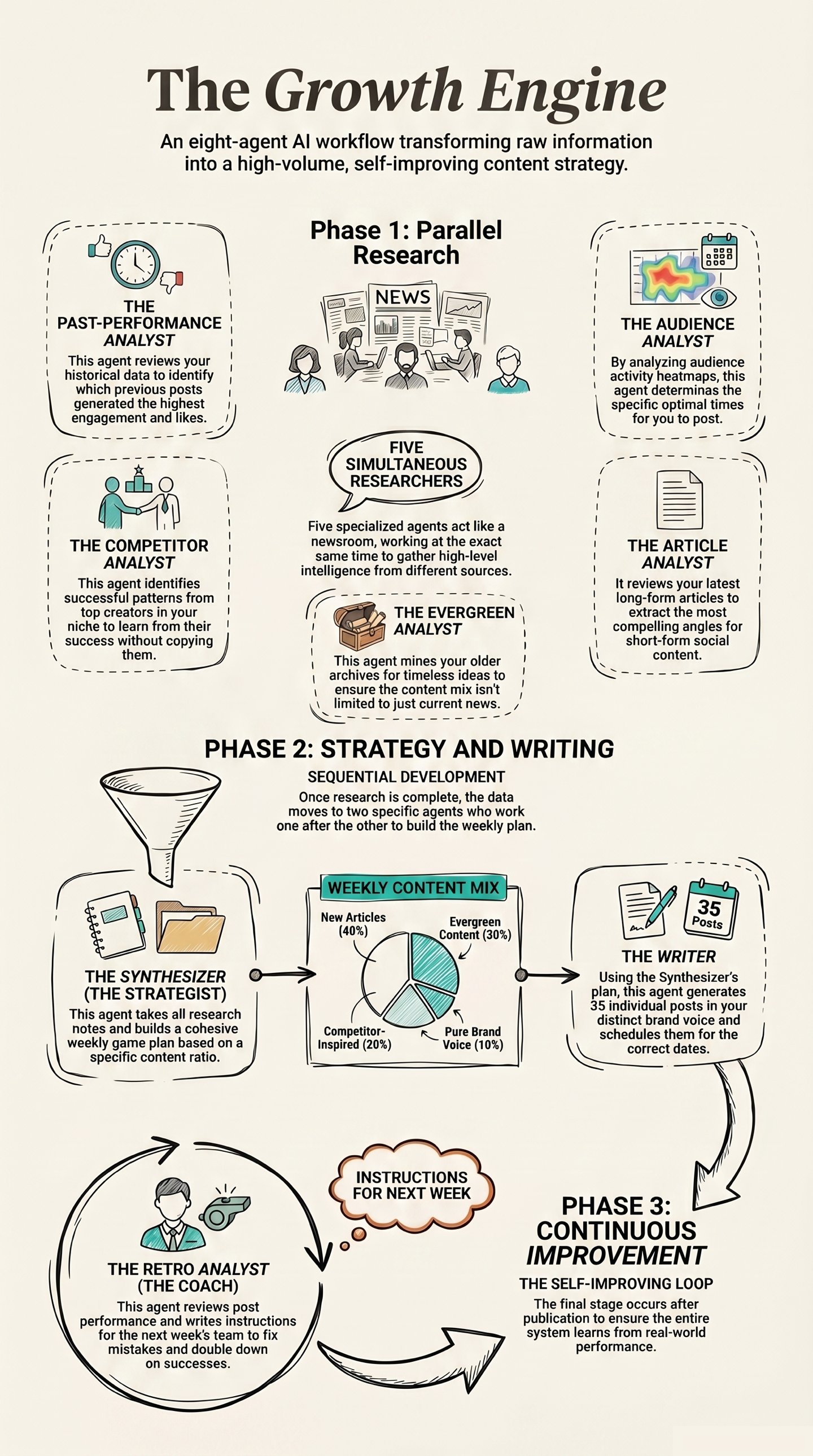 The Growth Engine: 8 AI agents across 3 phases - parallel research, strategy and writing, and continuous improvement